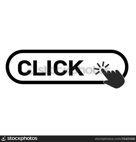 click here button with hand icon on white background. flat style. click button with hand clicking sign. click here symbol.