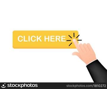 Click here button with hand pointer clicking. Vector stock illustration. Click here button with hand pointer clicking. Vector stock illustration.