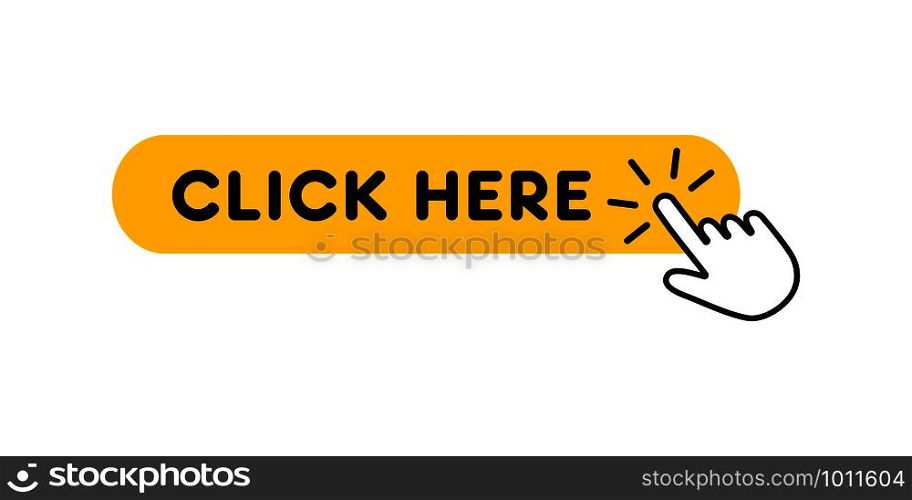 Click here button with hand pointer. Over white background