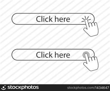 Click here in linear style and hands. Clicking cursor hand pushing on button. Web icon in simple style. Isolated pointer for internet. Clicking hand in round box. Vector EPS 10