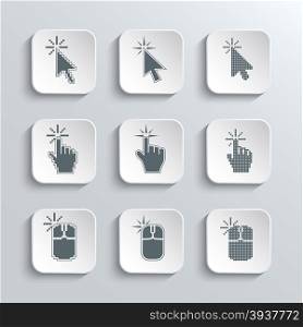 Click Here Mouse Web Icons Set - Vector White App Buttons Design Element With Shadow. Trendy Design Template