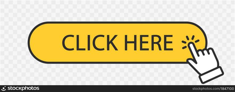 Click here yellow button with hand cursor. Click hand pointer clicking. Click here banner with shadow. Vector illustration.. Click here yellow button with hand cursor. Click hand pointer clicking.
