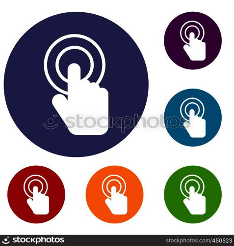 Click icons set in flat circle reb, blue and green color for web. Click icons set