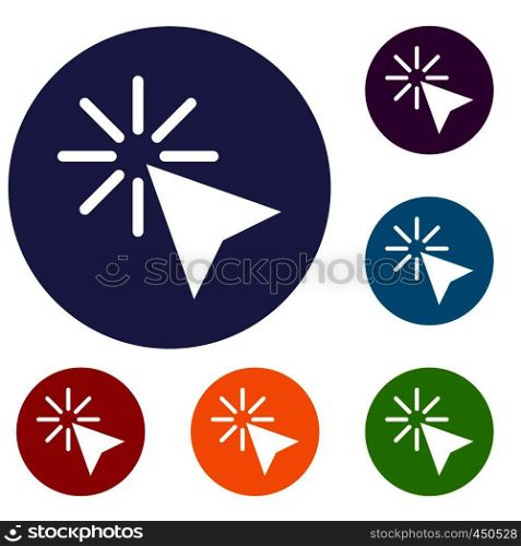 Click icons set in flat circle reb, blue and green color for web. Click icons set