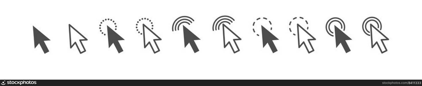 click symbol. Click a computer mouse with an arrow. A set of computer cursor control icons. Arrow to activate a task or function. Flat style