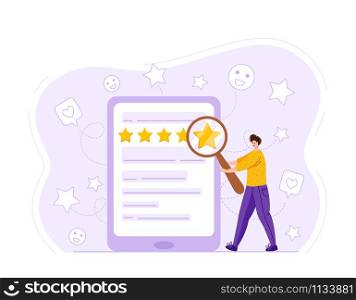 Client feedback concept and online service evaluation, happy customers review. Tiny man with giant magnifying glass, computer monitor with rank and rating scale stars, modern funny flat people, Vector. customer feedback concept - vector