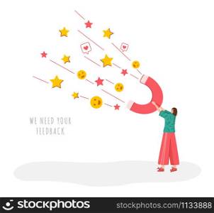 Client feedback concept, girl with giant magnet and customers review and feedbacks, online service evaluation, flat tiny character and rating stars, smiles, likes - Vector for banner, website. customer feedback concept - vector
