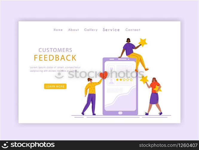 Client feedback concept landing page template, miniature tiny girls and giant phone, web banner with place for text, customers review and feedback, service evaluation. flat people caracters, Vector. customer feedback concept - vector