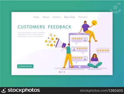 Client feedback concept landing page template, miniature tiny people and giant phone, web banner with place for text, customers review and feedback, service evaluation. flat people caracters, Vector. customer feedback concept - vector