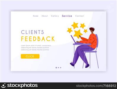 Client feedback concept landing page, tiny man and giant rating stars, web banner with place for text, sending customers review and feedback, online service evaluation. flat people caracters, Vector. customer feedback concept - vector