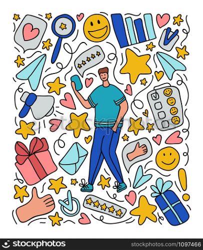 Client feedback concept, online service evaluation, customers review. Hand drawn colorful doodle modern set - man with phone, rank and rating scale stars, paper plane, gift box, hand, Vector line art. Client feedback concept and online service evaluation