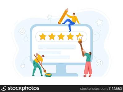 Client feedback concept - people paiting rating stars on computer screen, online service evaluation, customers review, flat modern tiny men and women with huge monitor and fedback stars - Vector. customer feedback concept - vector