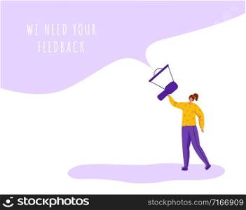 Client feedback concept, tiny girl with giant bullhorn and copy space, web banner with place for text, sending customers review and feedback, online service evaluation. flat people caracters, Vector. customer feedback concept - vector