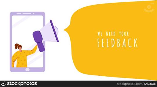Client feedback concept, tiny girl with giant bullhorn, phone and copy space, place for text, sending customers review and feedback, online service evaluation. flat modern people caracters, Vector. customer feedback concept - vector