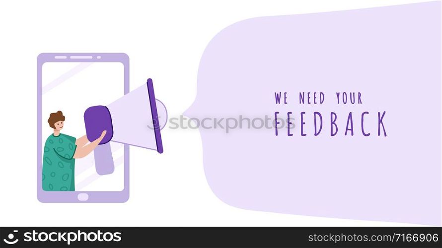 Client feedback concept, tiny man with giant bullhorn, phone and copy space, place for text, sending customers review and feedback, online service evaluation. flat modern people caracters, Vector. customer feedback concept - vector