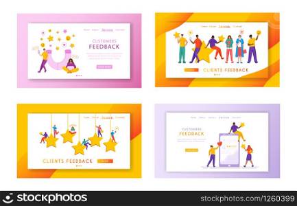 Client feedback landing page set - tiny people and giant rating stars, gadgets, web banner with copy space, customers review and feedback, online service evaluation. flat cartoon caracters, Vector. customer feedback concept - vector