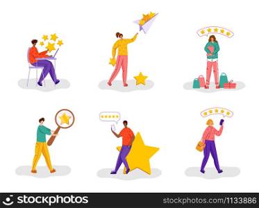 Client feedback or review concept, happy customers with mobile phones and gadgets sending their feedbacks, online service evaluation, flat people and rating stars, men and women characters, Vector. customer feedback concept - vector