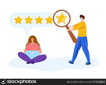 Client feedback - people with laptop, magnifying glass searching feedback, customers review concept or online service evaluation, happy people with gadgets, flat modern people and rating stars, Vector. customer feedback concept - vector