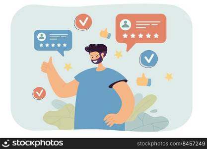 Client giving positive feedback and recommending service online. Users sharing experience on social media flat vector illustration. Technology, customer review, commerce, business marketing concept