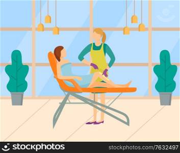 Client having procedures in spa salon, body wrap for getting rid of cellulite. Epilation and depilation, minimizing mask. using wax. Vector illustration in flat cartoon style. Body Wrap Skincare in Spa Salon Client Vector