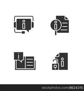 Client information support black glyph icons set on white space. Open list of typically answers. Digital technology. Silhouette symbols. Solid pictogram pack. Vector isolated illustration. Client information support black glyph icons set on white space