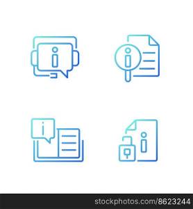 Client information support pixel perfect gradient linear vector icons set. Open list of typically answers. Thin line contour symbol designs bundle. Isolated outline illustrations collection. Client information support pixel perfect gradient linear vector icons set