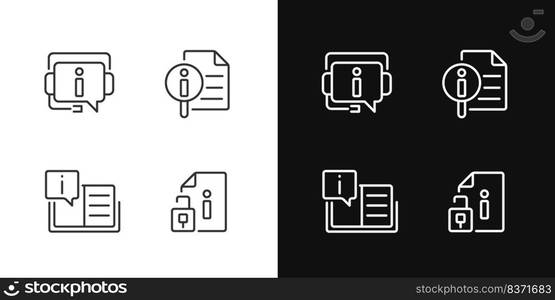 Client information support pixel perfect linear icons set for dark, light mode. Open list of typically answers. Thin line symbols for night, day theme. Isolated illustrations. Editable stroke. Client information support pixel perfect linear icons set for dark, light mode