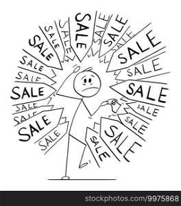 Client or customer under pressure to buy something in sale, arrows pointing at him, vector cartoon stick figure or character illustration.. Customer or Client Under Pressure to Buy Something in Sale, Vector Cartoon Stick Figure Illustration
