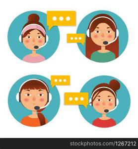 Client service and communication concept. Vector. Call center operator icon with headset. Female call center avatar. . Call center operator icon with headset. Female call center avatar. Client service and communication concept. Vector