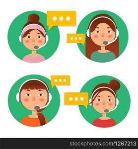 Client service and communication concept. Vector. Call center operator icon with headset. Female call center avatar. . Call center operator icon with headset. Female call center avatar. Client service and communication concept. Vector