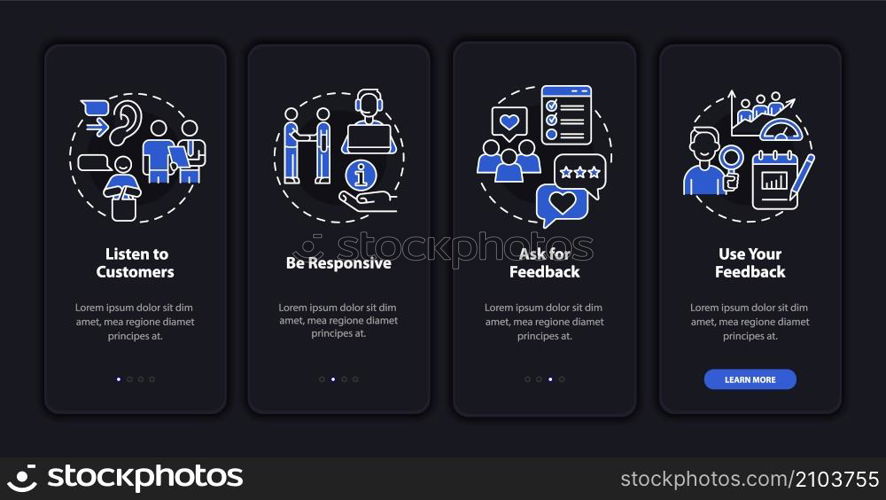 Client service night mode onboarding mobile app screen. Customer support walkthrough 4 steps graphic instructions pages with linear concepts. UI, UX, GUI template. Myriad Pro-Bold, Regular fonts used. Client service night mode onboarding mobile app screen