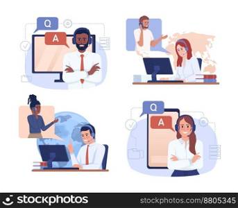 Client service professionals 2D vector isolated illustration set. Flat characters on cartoon background. Colorful editable scene pack for mobile, website, presentation. Sniglet Regular font used. Client service professionals 2D vector isolated illustration set