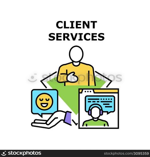 Client Services Vector Icon Concept. Client Services For Advising And Supporting, Positive Review And Feedback Of Call Center Operator Consultation And Support. Professional Advice Color Illustration. Client Services Vector Concept Color Illustration