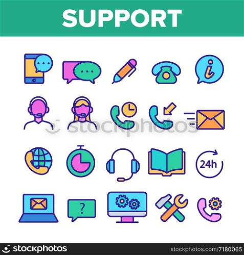 Client Support Vector Thin Line Icons Set. Customer Support, Helpline, Helpdesk Consultants Linear Pictograms. 24h Call Center Workers, Mobile App, Settings Notifications, Email Contour Illustrations. Client Support Vector Thin Line Icons Set