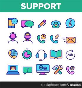 Client Support Vector Thin Line Icons Set. Customer Support, Helpline, Helpdesk Consultants Linear Pictograms. 24h Call Center Workers, Mobile App, Settings Notifications, Email Contour Illustrations. Client Support Vector Thin Line Icons Set