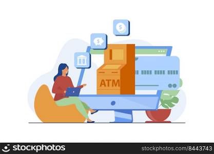 Client using online bank service. Woman using computer for payments and transaction flat vector illustration. Internet, finance, technology concept for banner, website design or landing web page