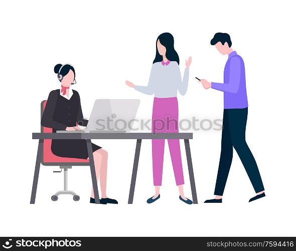 Clients and woman working on laptop vector, man and woman talking to agent wearing headset and looking at screen of computer monitor, male with phone. Woman Working in Company Dealing with Clients