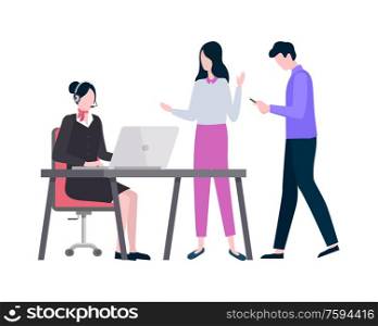 Clients and woman working on laptop vector, man and woman talking to agent wearing headset and looking at screen of computer monitor, male with phone. Woman Working in Company Dealing with Clients