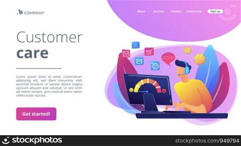 Clients assistance, call center, hotline operator, consultant manager. Customer care, seamless and personalized service, customer experience concept. Website homepage landing web page template.. Customer care concept landing page