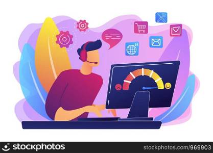 Clients assistance, call center, hotline operator, consultant manager. Customer care, seamless and personalized service, customer experience concept. Bright vibrant violet vector isolated illustration. Customer care concept vector illustration