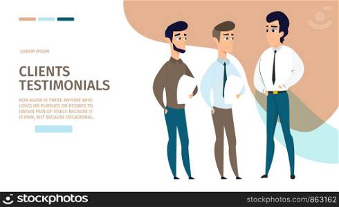 Clients Testimonials Online Service Flat Vector Web Banner, Website Template with Satisfied Customers Leaving Reviews, Feedback About Their Consumer Experience. Internet Marketing Company Landing Page