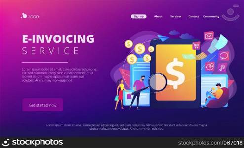 Clients with magnifier get e-invoicing and pay bills online. E-invoicing service, electronic invoicing, e-billing system and e-economy tools concept. Website vibrant violet landing web page template.. E-invoicing concept landing page.