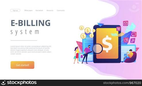 Clients with magnifier get e-invoicing and pay bills online. E-invoicing service, electronic invoicing, e-billing system and e-economy tools concept. Website vibrant violet landing web page template.. E-invoicing concept landing page.