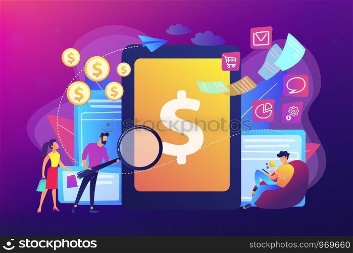 Clients with magnifier get e-invoicing and pay bills online. E-invoicing service, electronic invoicing, e-billing system and e-economy tools concept. Bright vibrant violet vector isolated illustration. E-invoicing concept vector illustration.