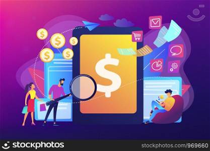 Clients with magnifier get e-invoicing and pay bills online. E-invoicing service, electronic invoicing, e-billing system and e-economy tools concept. Bright vibrant violet vector isolated illustration. E-invoicing concept vector illustration.