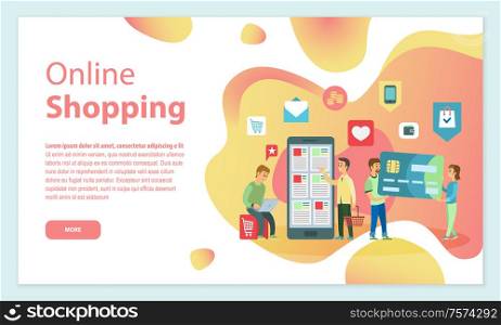 Clients with smartphones and laptops vector. People buying things online with internet, man and woman with credit card, payment and economy ecommerce. Online Shopping People Choosing Items from Store