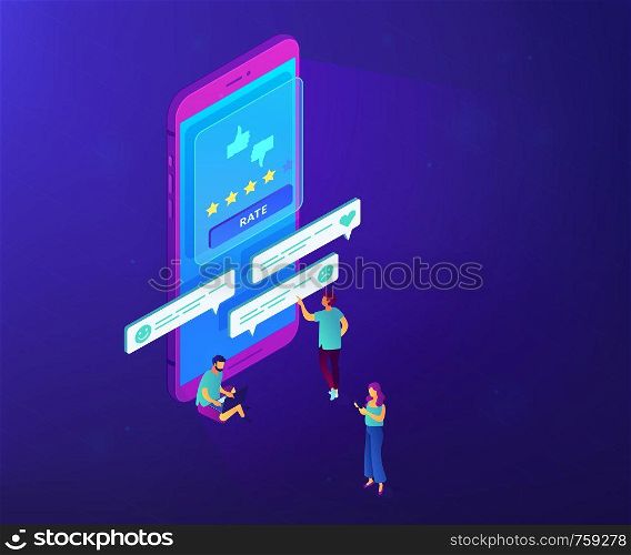 Clients writing and reading feedback on mobile phone. Customer feedback, customer rating feedback, customer relationship management concept. Ultraviolet neon vector isometric 3D illustration.. Customer feedback isometric 3D concept illustration.