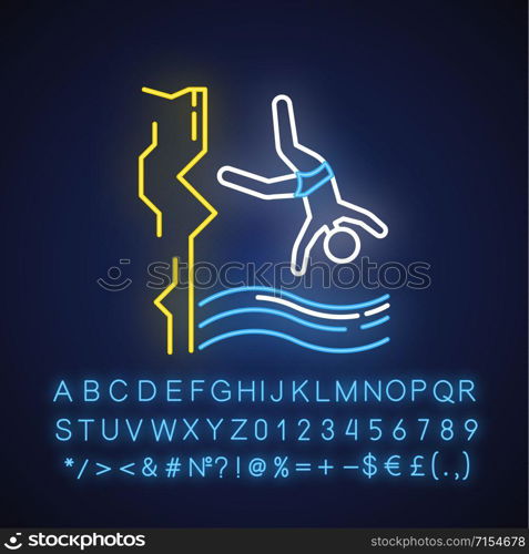 Cliff diving neon light icon. Watersports, extreme kind of sport. Recreational outdoor activity on big height. Glowing sign with alphabet, numbers and symbols. Vector isolated illustration