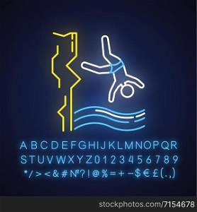 Cliff diving neon light icon. Watersports, extreme kind of sport. Recreational outdoor activity on big height. Glowing sign with alphabet, numbers and symbols. Vector isolated illustration