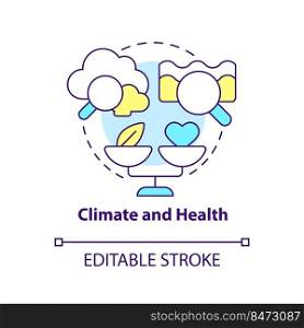 Climate and health concept icon. Pollution impact on wellbeing. Global net zero goal abstract idea thin line illustration. Isolated outline drawing. Editable stroke. Arial, Myriad Pro-Bold fonts used. Climate and health concept icon